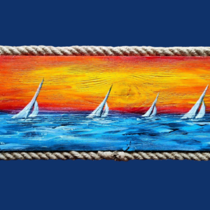Obraz „Regaty o zachodzie słońca” – malowany na drewnie